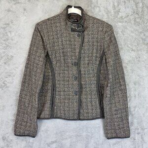 Jones New York Collection Jacket Womens 4 Brown Tweed Wool Blend Leather Trim